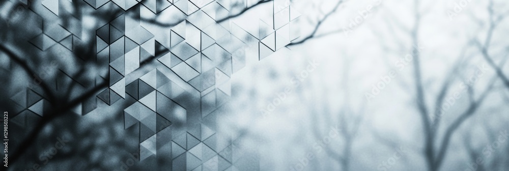 Poster abstract architectural facade with triangular pattern in gray and blue tones, bokeh effect