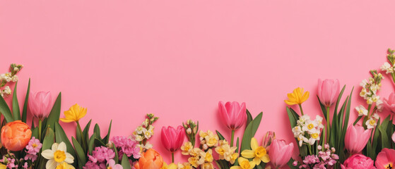 Fototapeta premium Bright and colorful flower bouquets featuring tulips, daffodils, and other blooms against pink background create cheerful and vibrant atmosphere