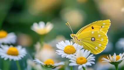 Obraz premium Yellow Butterfly on White Daisies in Green Meadow