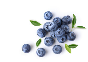 Flat lay of blueberries isolated on white.