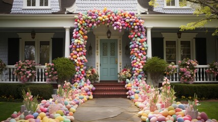 Fototapeta premium Colorful Easter Eggs Decorating House Entrance.