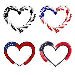US flag frame, border, outline, heart shaped twisted worn rope in colors of American flag, vectors set, grunge style