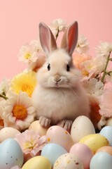 Obraz premium Cute Bunny with Easter Eggs and Flowers.