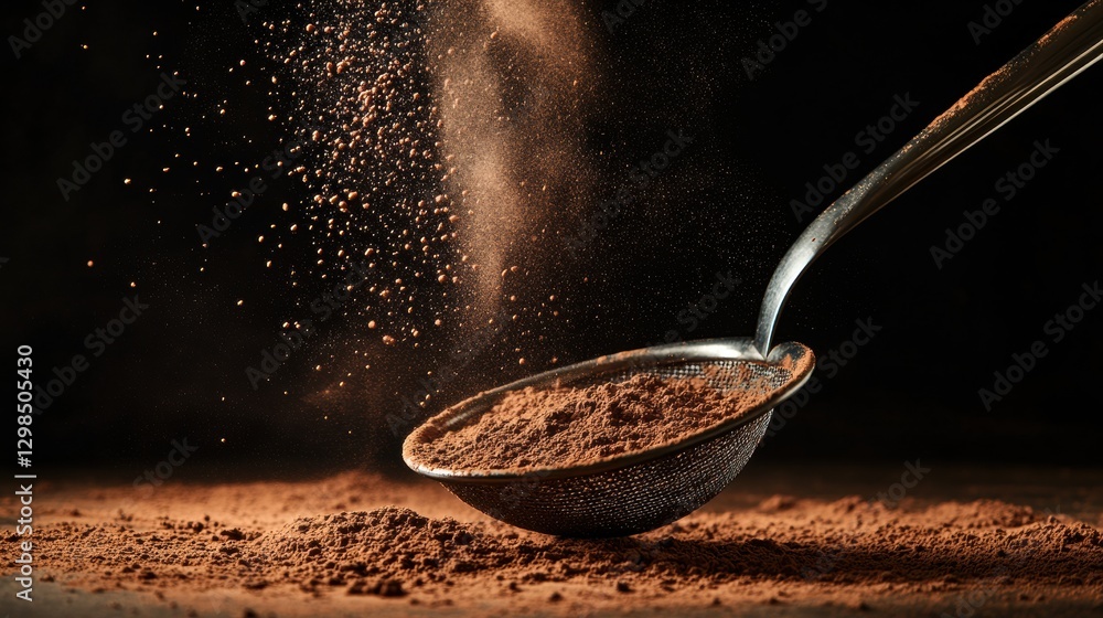 Aufkleber fine cocoa powder being sifted through a mesh strainer in a dark kitchen setting. generative ai