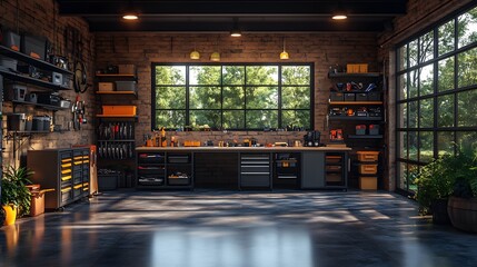 Garage workspace with an uncluttered workbench, tool shelf system, and polished floor, 3D rendering, 8K quality realistic image