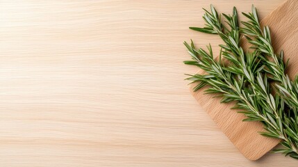Fresh rosemary sprigs on light wood cutting board