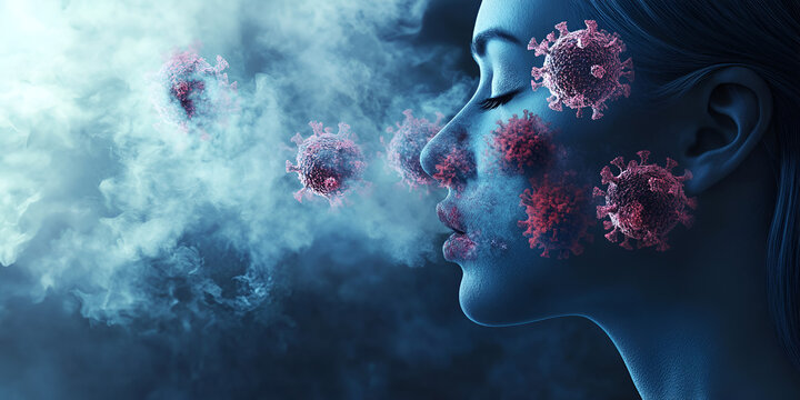 Digital representation of virus particles affecting human face , Abstract artwork of viruses and smoke surrounding human profile