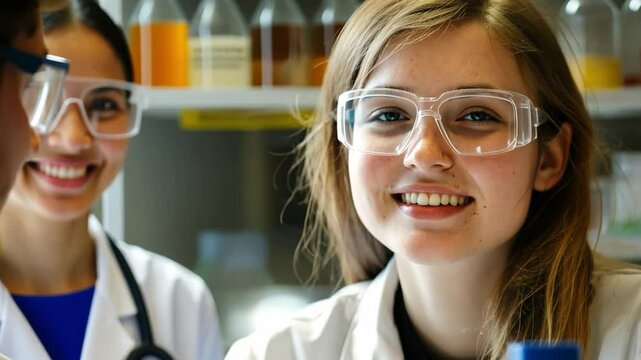 A young researcher in a lab explaining the steps of a chemical reaction experiment to a colleague.