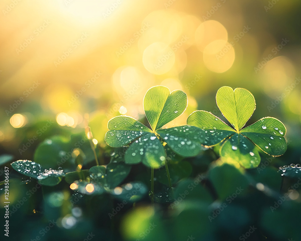 Poster close-up of clover leaves with water droplets glistening in the sunlight, creating a serene and fres
