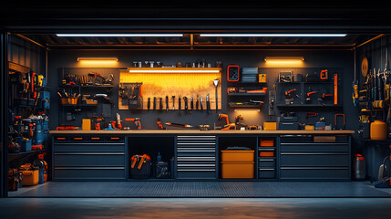 Obraz premium Garage layout with a blank workspace, metal tool rack, and an organized tool collection, 3D rendering, 8K quality realistic image
