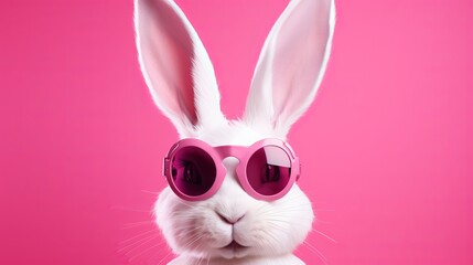 Fototapeta premium White Rabbit Wearing Pink Sunglasses.