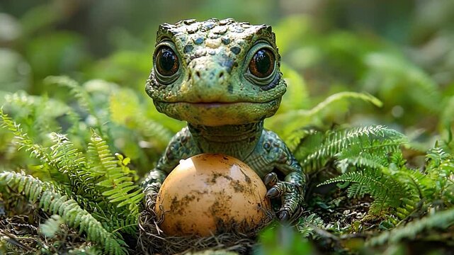 Little Lizard and Egg: A curious small lizard gazing intently at a speckled egg, surrounded by lush green foliage in a whimsical and enchanting scene