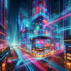 Fototapeta premium Neon Nexus II A reimagined urban core where vibrant corridors an