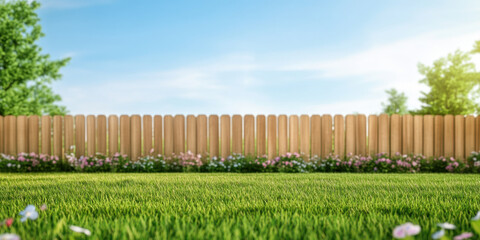 Fototapeta premium vibrant green lawn adorned with colorful flowers and wooden fence under clear blue sky creates serene outdoor atmosphere