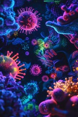 Vibrant microscopic life underwater world scientific art coral reef close-up microbiology wonder
