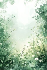 Mint Green Watercolor Forest Background, Detailed Sketches of Flowers, Light and Airy Background