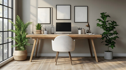 Inspiring workspace with a well-lit writing table, framed success-themed wall prints, and a minimalist chair, 8K quality realistic image