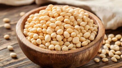 Fototapeta premium Closeup of Soybeans in Wooden Bowl on Rustic Table