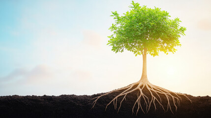 growing tree with strong roots symbolizes stability and growth, representing importance of nurturing foundations for success