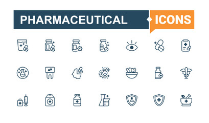 Pharmaceutical icons. Contains linear outline icons like pharmaceutical, antibiotic, aspirin, medical, on, care, tablet, tube. Outline icon. Solid line editable stroke. Vector collection.