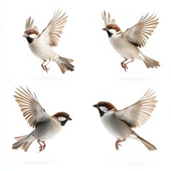 Fototapeta premium Four Sparrows Flying on White Background Stock Image