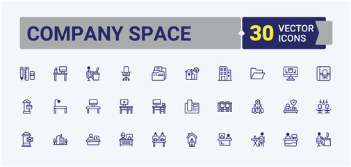 Company Space line icons set. Contains linear outline icons like table, job, worker, office, document, presentation and more. Simple icon designs. Minimalistic solid style icon collections.