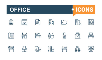 Office icon set. Contains such icons as chair, on, web, teamwork, tea, person, development, employee. Line symbol. Editable vector outline and solid icons.