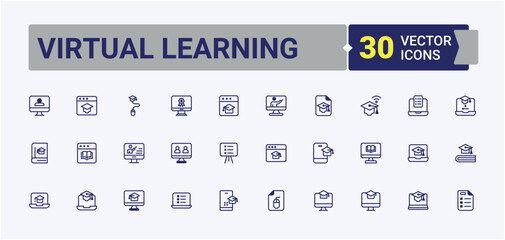 Set of Virtual Learning line icons. Included icons as learning, computer, seminar, school, graduation and more. Flat UI icon design. Vector outline and solid icons collection.