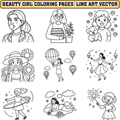 Beauty girl coloring pages, bold and easy coloring page, line art vector illustration