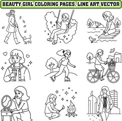Beauty girl coloring pages, bold and easy coloring page, line art vector illustration
