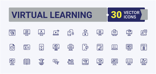 Set of Virtual Learning line icons. Included icons as learning, computer, seminar, school, graduation and more. Flat UI icon design. Vector outline and solid icons collection.