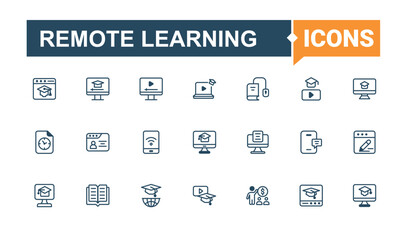 Remote Learning linear icon collection. Included icons as e-book, school, learn, graduate, book, learning, student, lesson. Solid line editable stroke. Vector line and solid icons.