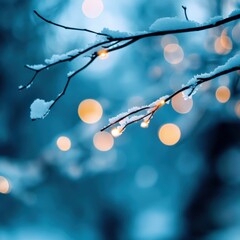 Winter Branches with Snow and Bokeh Lights