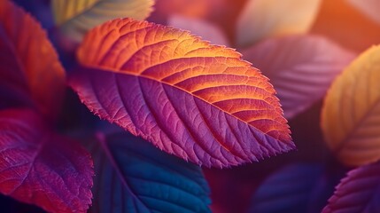 Detailed macro shot of colorful fall leaves, each showing different hues in the sunlight