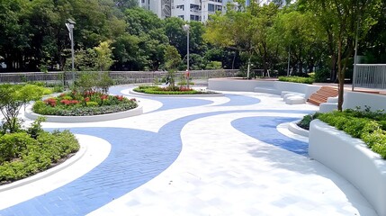 Modern Urban Park Landscape Design with Winding Blue Pathways and White Seating