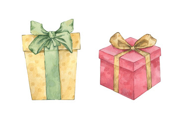 Set of colored gift boxes, presents with bow and ribbon. Hand drawn watercolor illustration sketch isolated on white background.