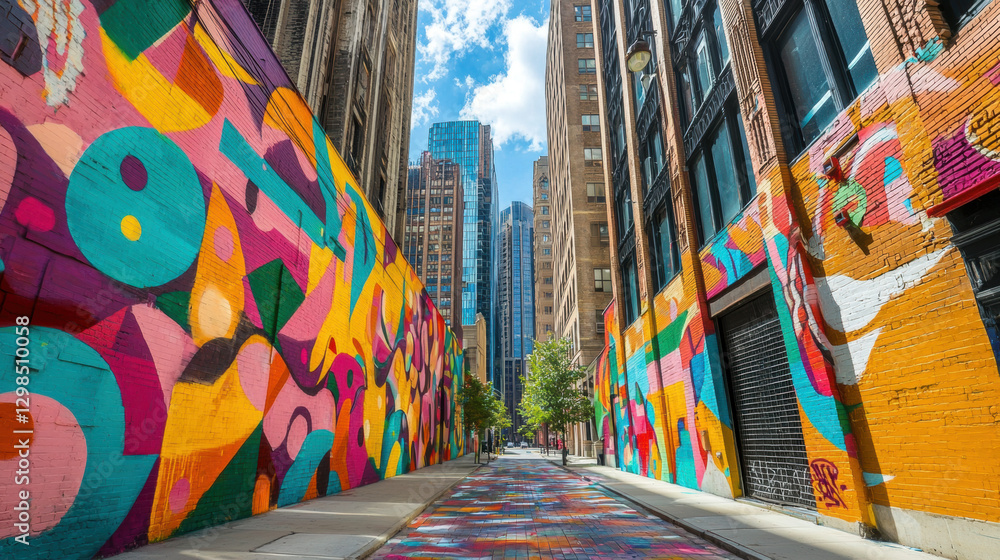 Poster attention-grabbing image of vibrant street art mural with bold colors and dynamic urban environment 