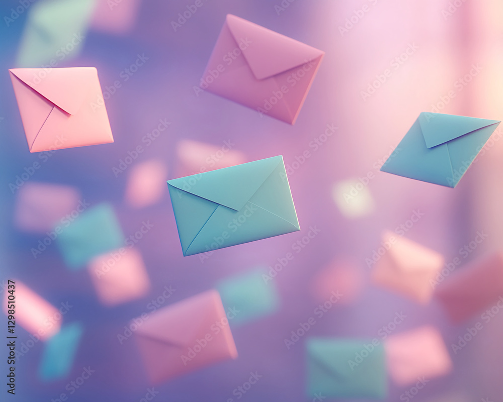 Aufkleber flying pastel-colored envelopes floating in a dreamy atmosphere with soft light, symbolizing communi