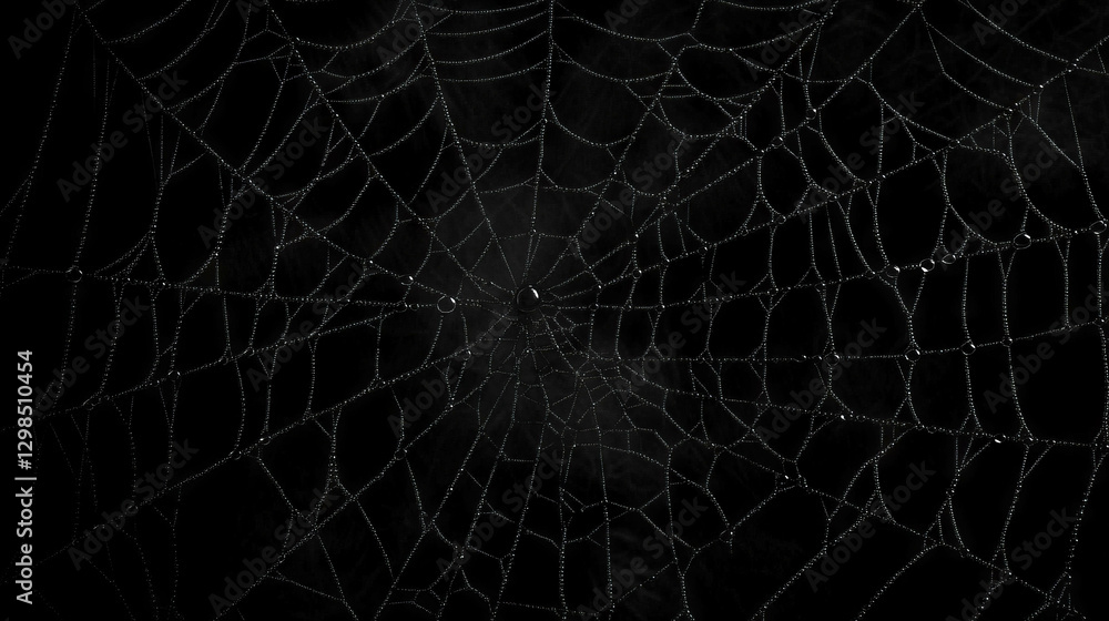 Poster intricate spider web with dew drops on a dark background for nature and texture design