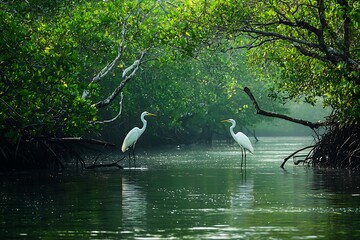 A serene river surrounded by mangroves, with egrets perched gracefully on the branches