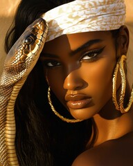 Professional high fashion photography of a black beauty wearing a white headband and a snake; warm colors, close up, editorial fashion magazine photo