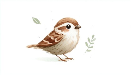 Minimalist watercolor illustration of Cute cartoon sparrow