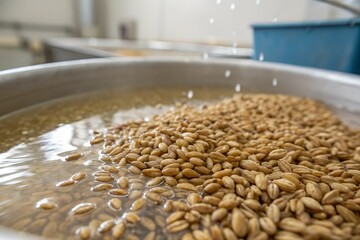 Obraz premium Minimalistic photo of wheat grains soaking in water before milling, extreme close-up focusing on their transformation, softly blurred background.