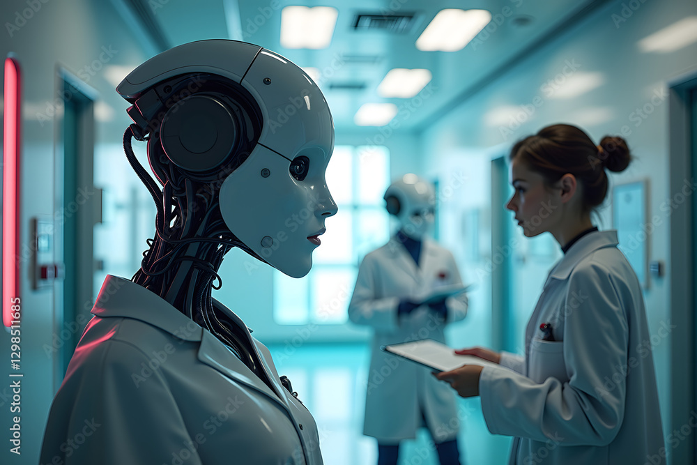 Poster a humanoid robot stands in a modern lab, observing a young woman in a lab coat who holds a tablet, w