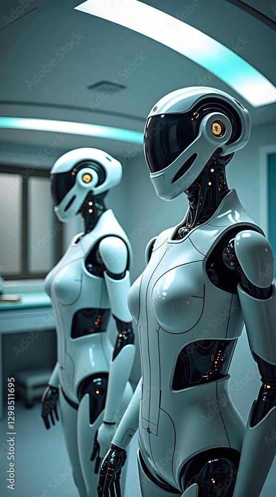 Poster two futuristic robots stand side by side in a sleek, high-tech environment featuring smooth surfaces