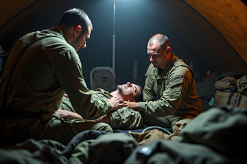 Two male soldiers in army uniforms provide medical assistance to an injured comrade inside a tent, expressing concern and teamwork under soft lighting