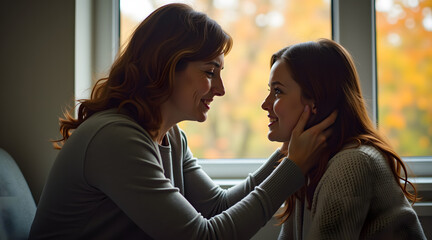 A woman and a girl share a warm and intimate moment, smiling at each other in a cozy indoor setting surrounded by autumn colors