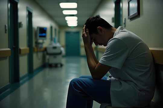 A young male nurse of Asian descent looks distressed while sitting alone in a hospital corridor, signifying the challenges faced in the healthcare profession