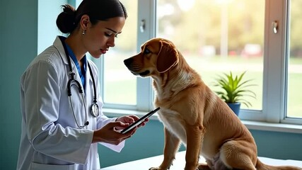 Caring Consultation: A compassionate vet provides professional medical care to a loyal canine companion, showcasing the bond between humans and their pets in a clean, sunlit office environment.