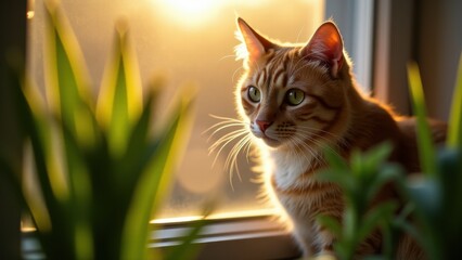 Oscar, Breathtaking close-up of Oscar the cat golden light windowsill lush green plants framing his majestic gaze